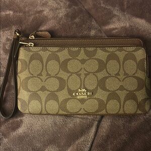 Coach Brown and Tan Monogram Wristlet Clutch